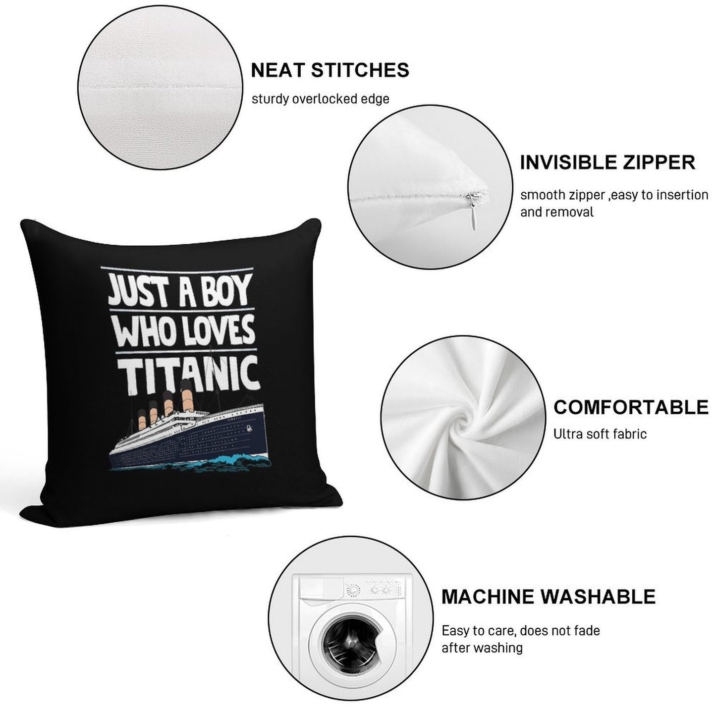 Just A Boy Who Loves Titanic Titanic Ship Gift for Boys Kids Soft Reinforced Edging Throw Pillow