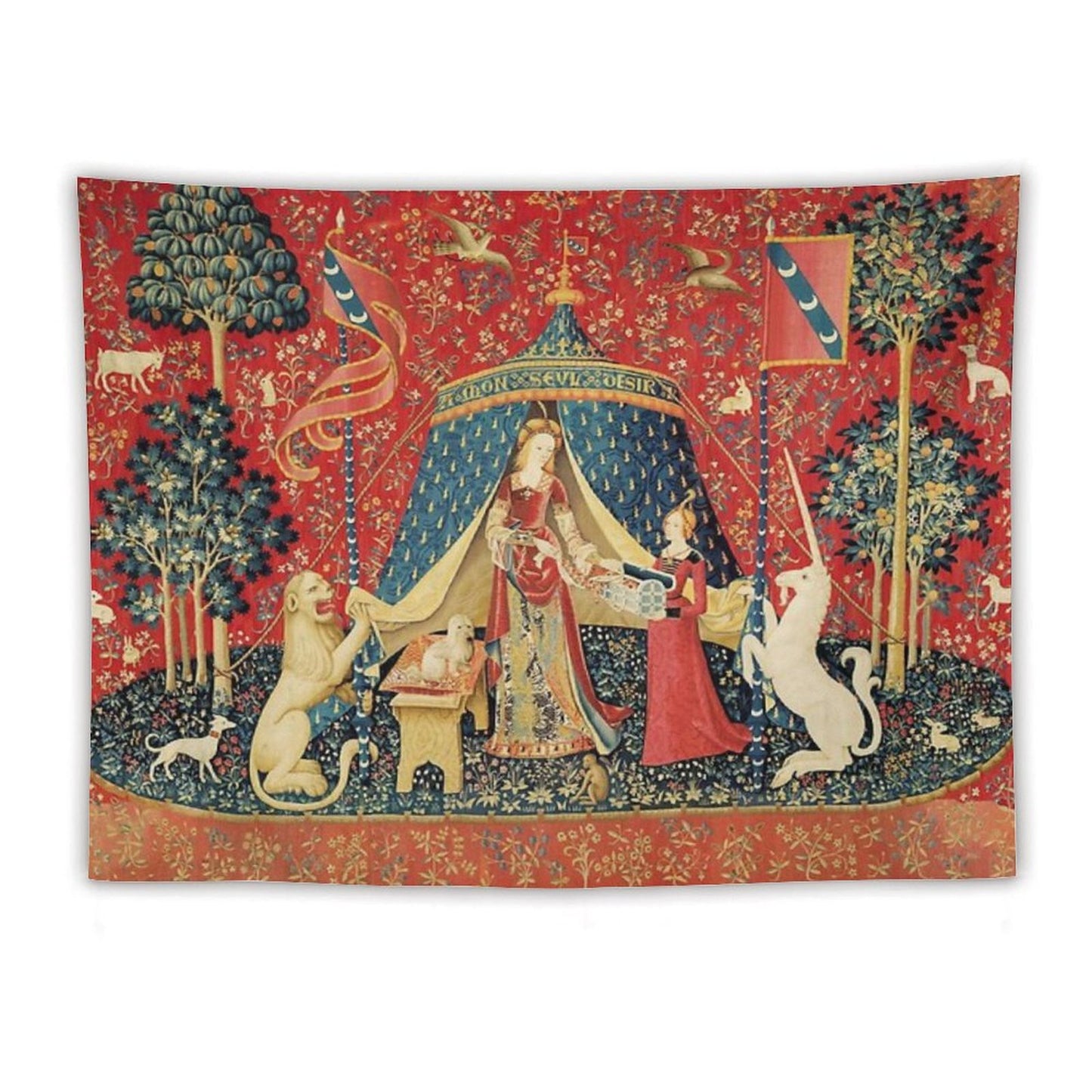 LADY AND THE UNICORN DESIRE ,Lion,Fantasy Flowers,Animals,Red Green Floral Tapestry Tapestry