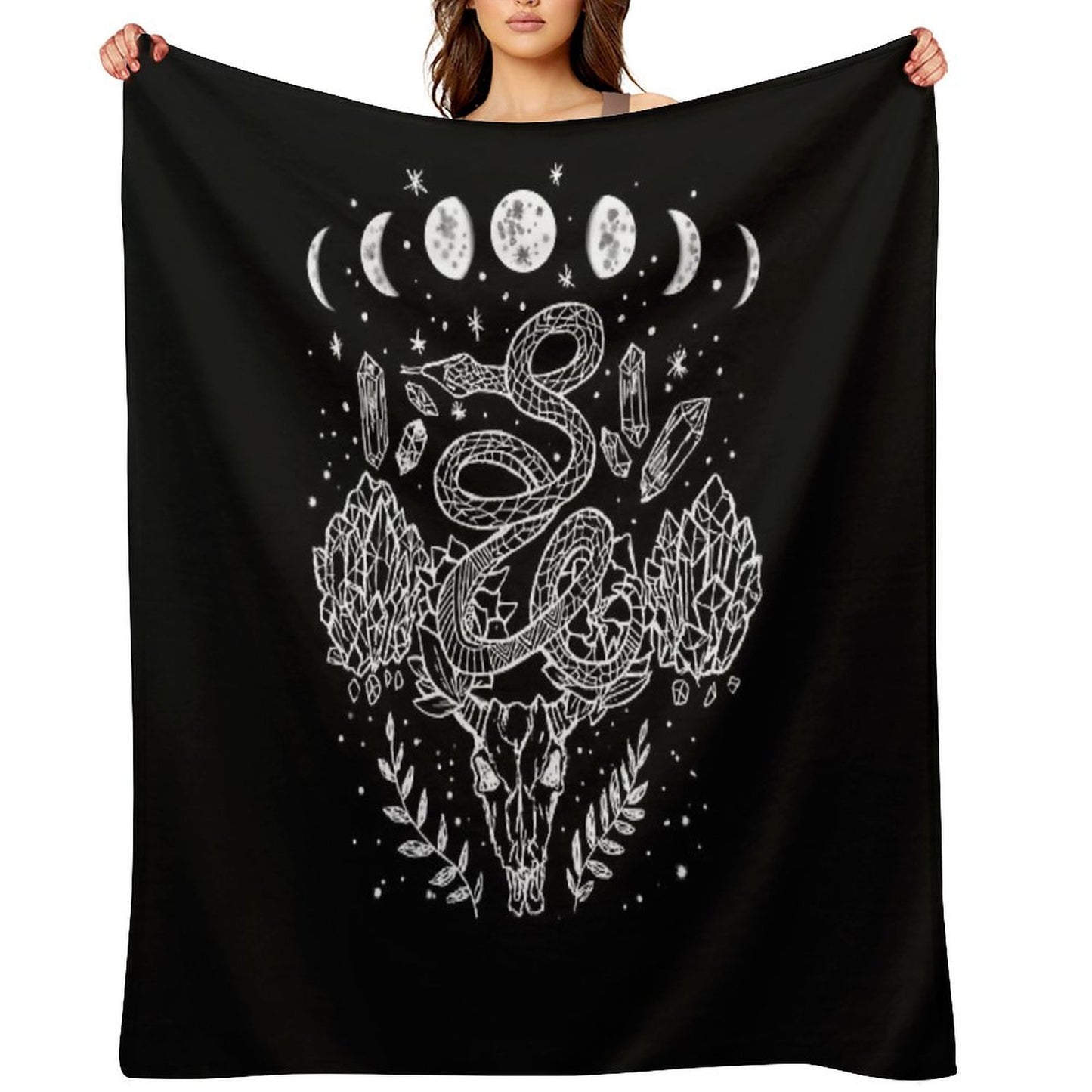 Moon Phases, Snakes, And Crystals Witchy Design Throw Blanket