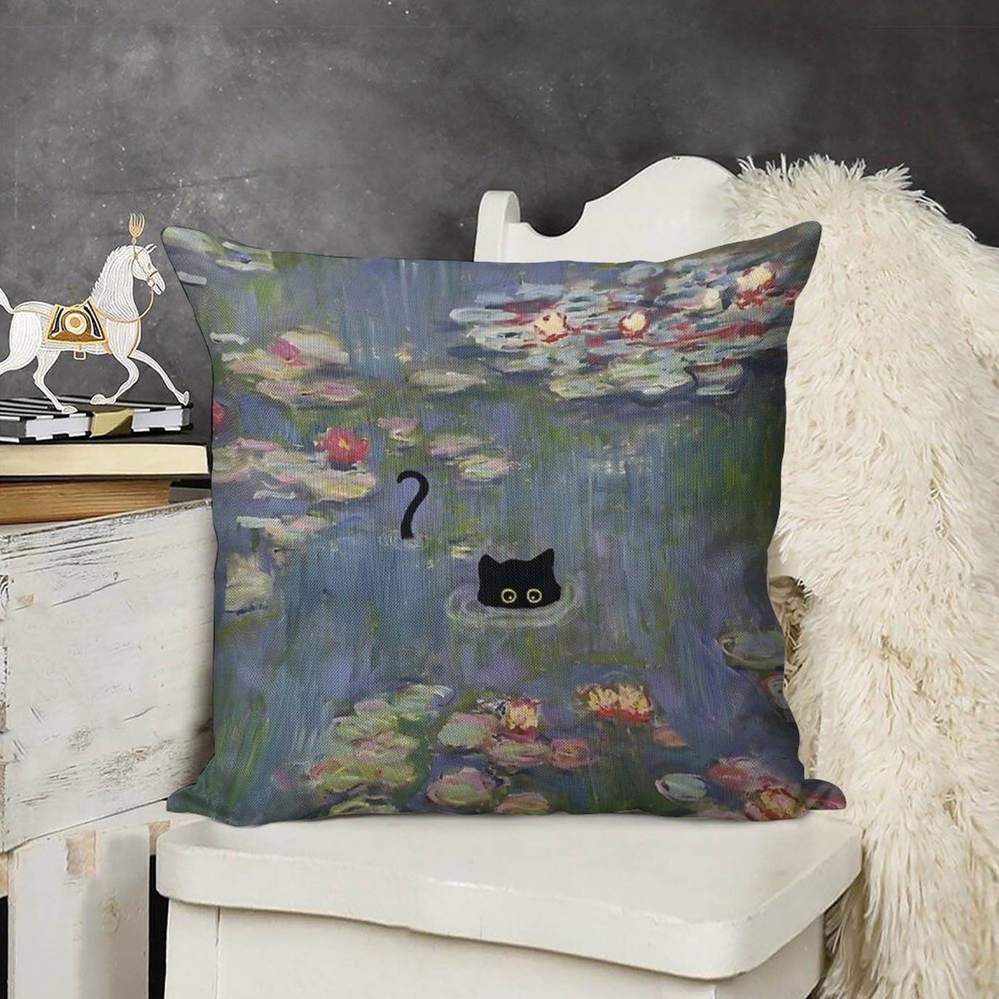 Cat Monet Waterlily Linen Throw Pillow Cover