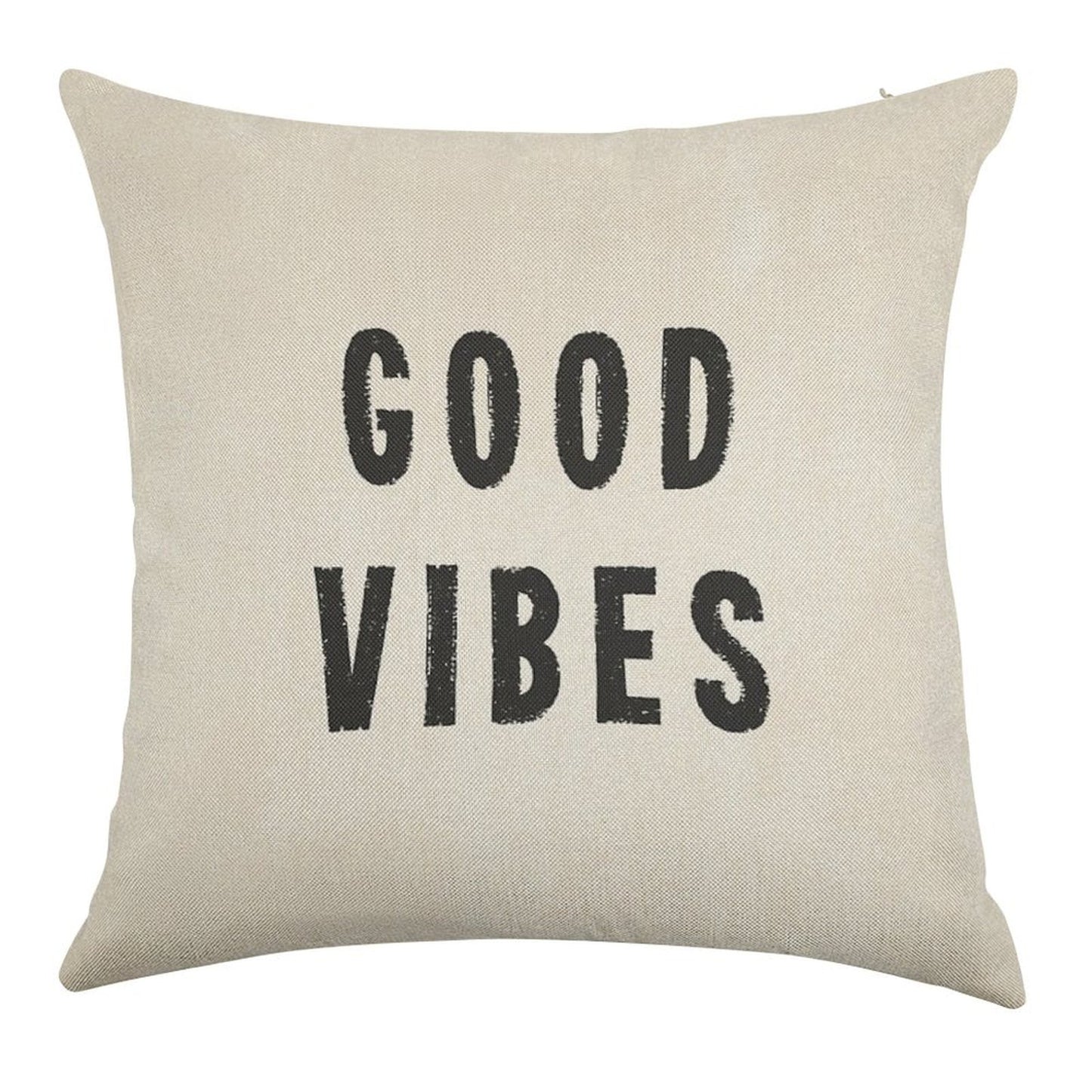 Grungy Distressed Ink Good Vibes  Black on Off-White Linen Throw Pillow Cover