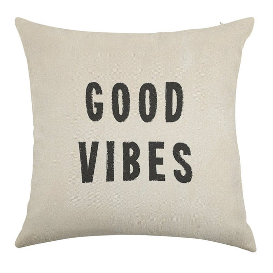 Grungy Distressed Ink Good Vibes  Black on Off-White Linen Throw Pillow Cover