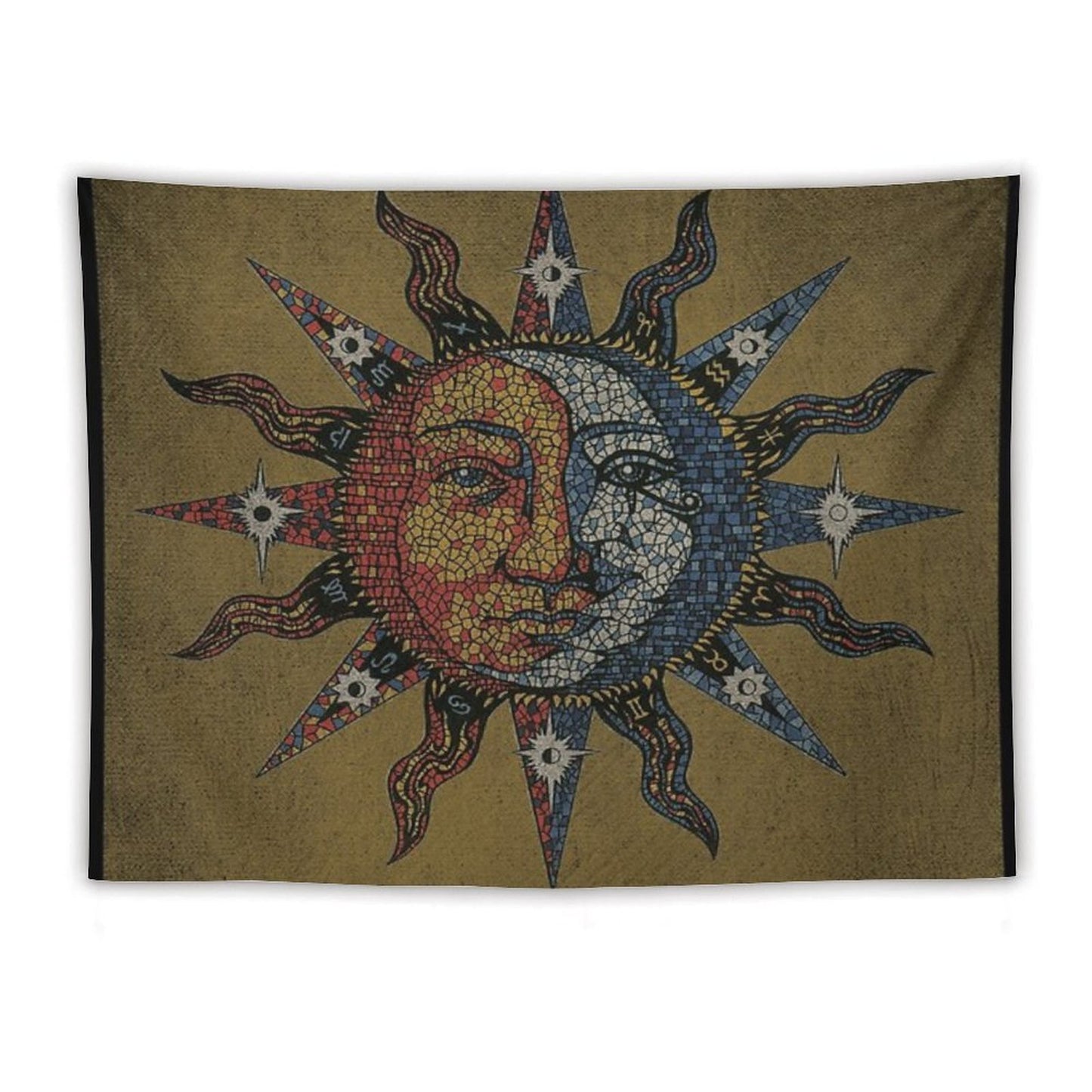 Vintage Celestial Mosaic Sun & Moon Tapestry
