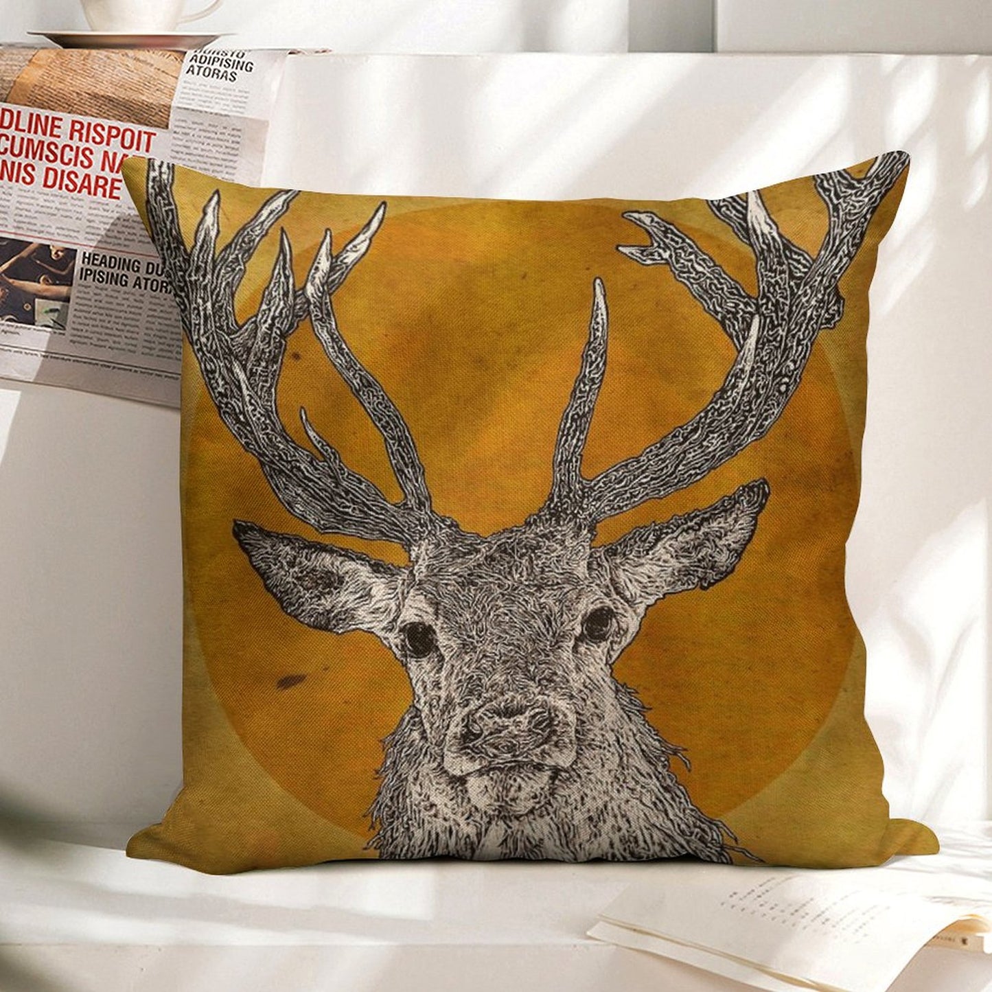 Wild Stag's Head Linen Throw Pillow Cover