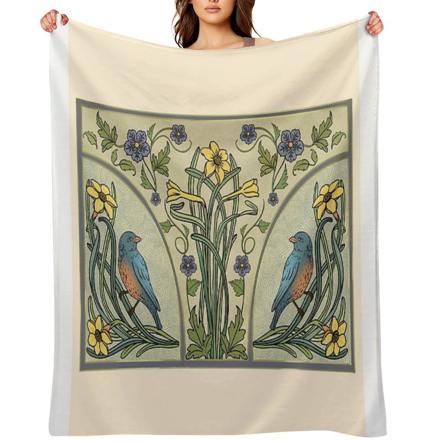 Bluebirds And Spring Blossoms Inspired By Art Nouveau Throw Blanket