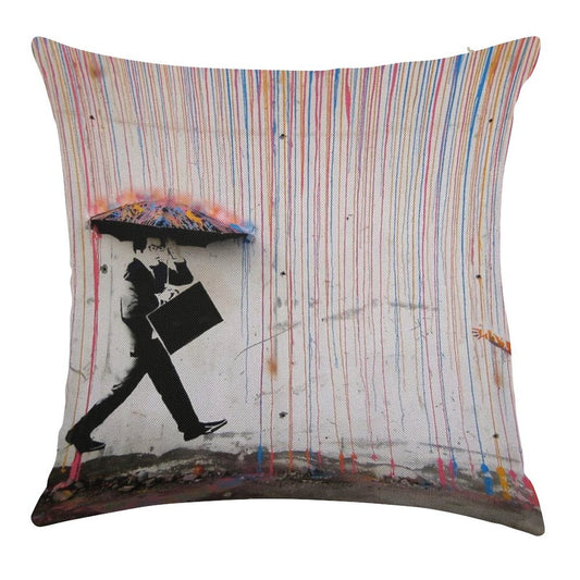 Banksy Umbrella Rainbow Happy Girl Linen Throw Pillow Cover