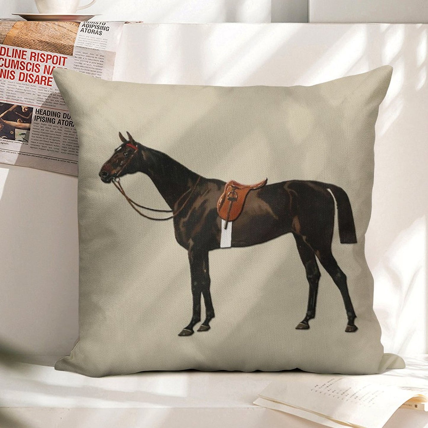 Vintage Equestrian Saddled Riding Horse Linen Throw Pillow Cover