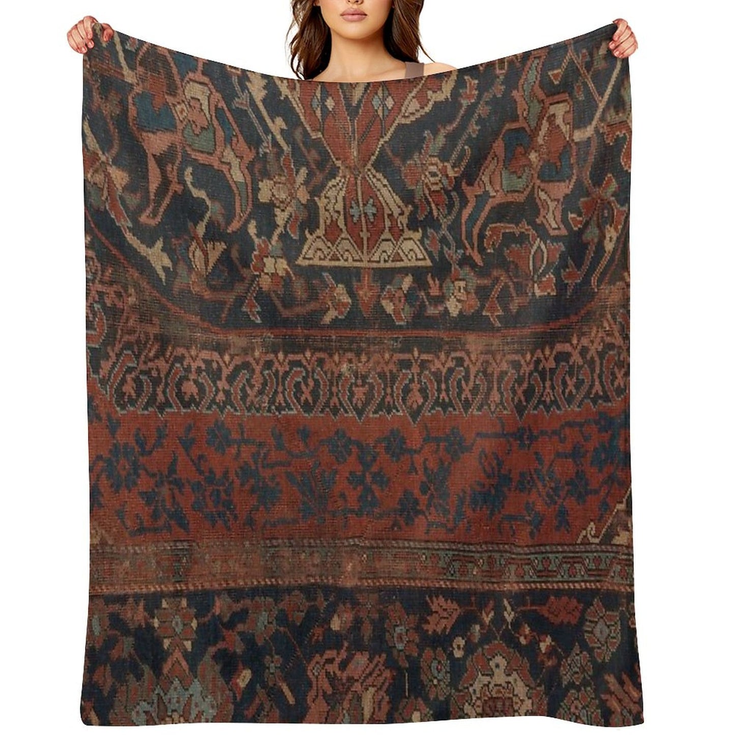 Boho Chic Dark III 17th Century Colorful Medallion Red Blue Green Brown Ornate Accent Rug Pattern Throw Blanket