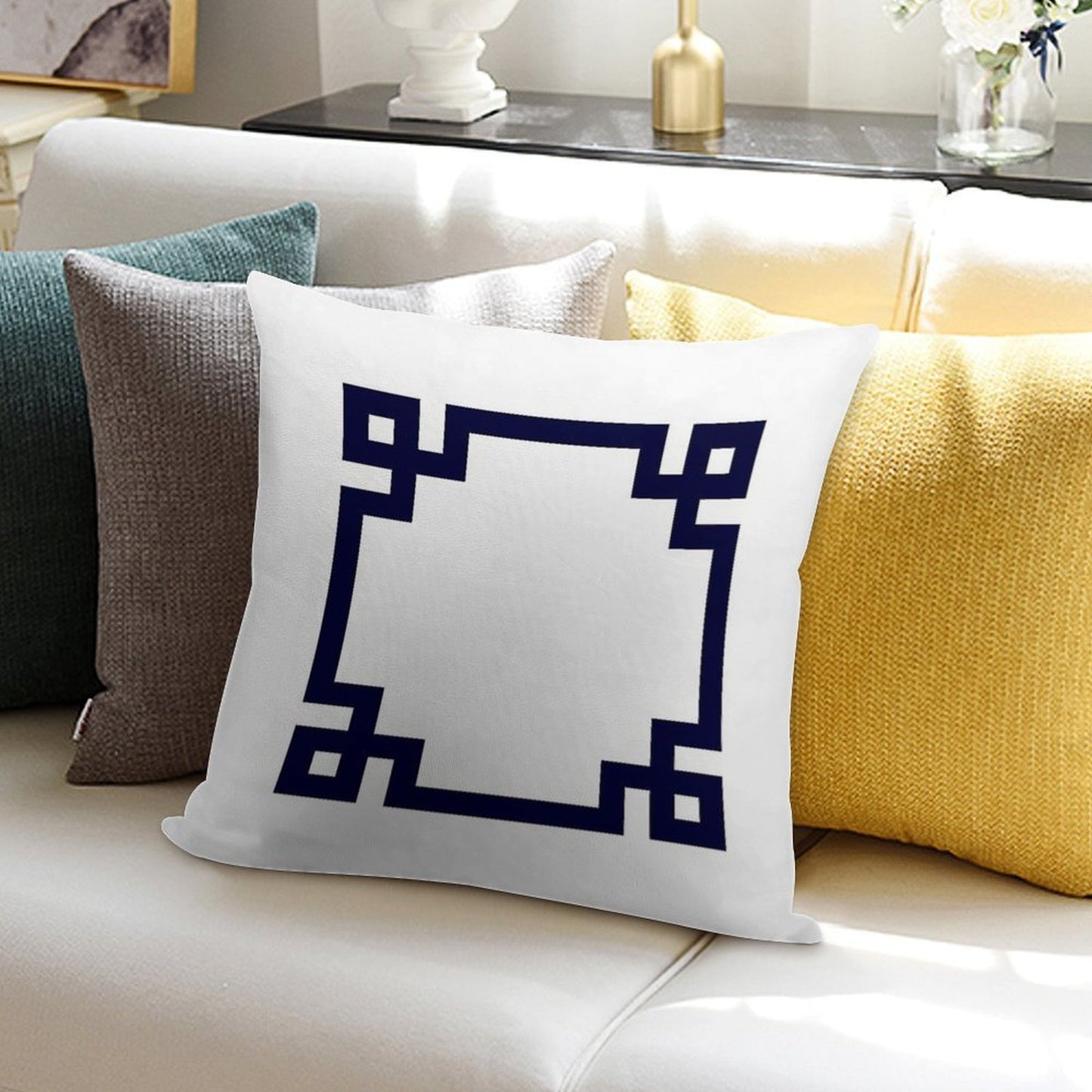 Navy Blue Greek Key Square On White Soft Reinforced Edging Throw Pillow