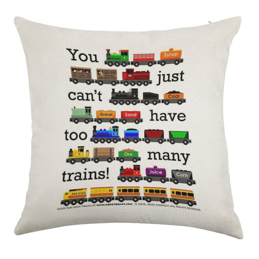 Too Many Trains - Black Lettering Linen Throw Pillow Cover