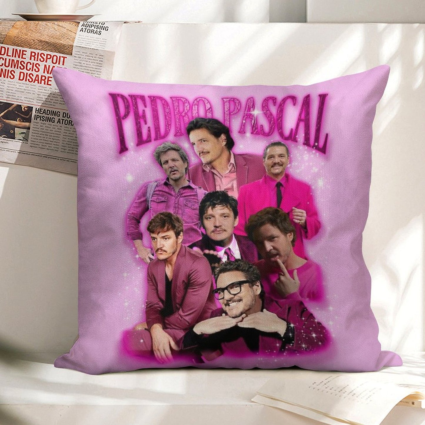Pedro Pascal in Pink Linen Throw Pillow Cover