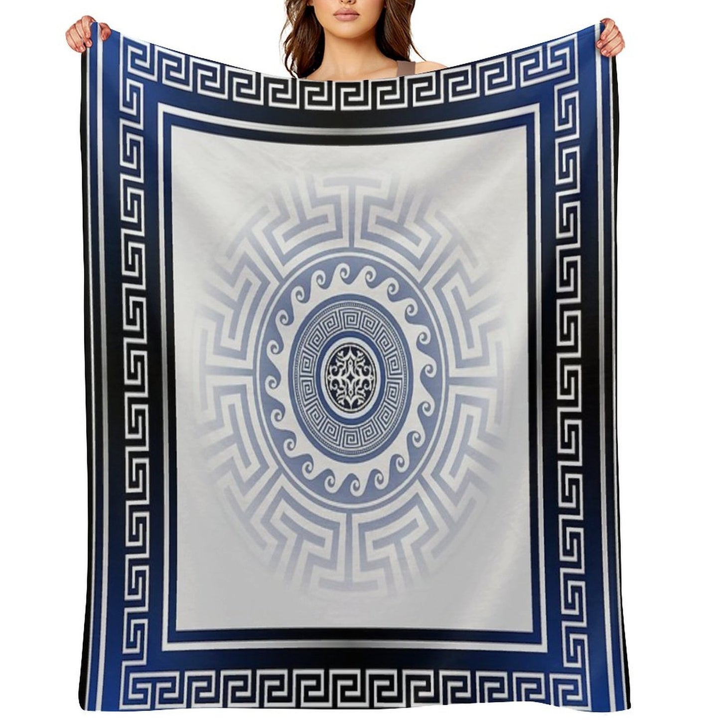 Greek Key Meander Blue White Silver Throw Blanket