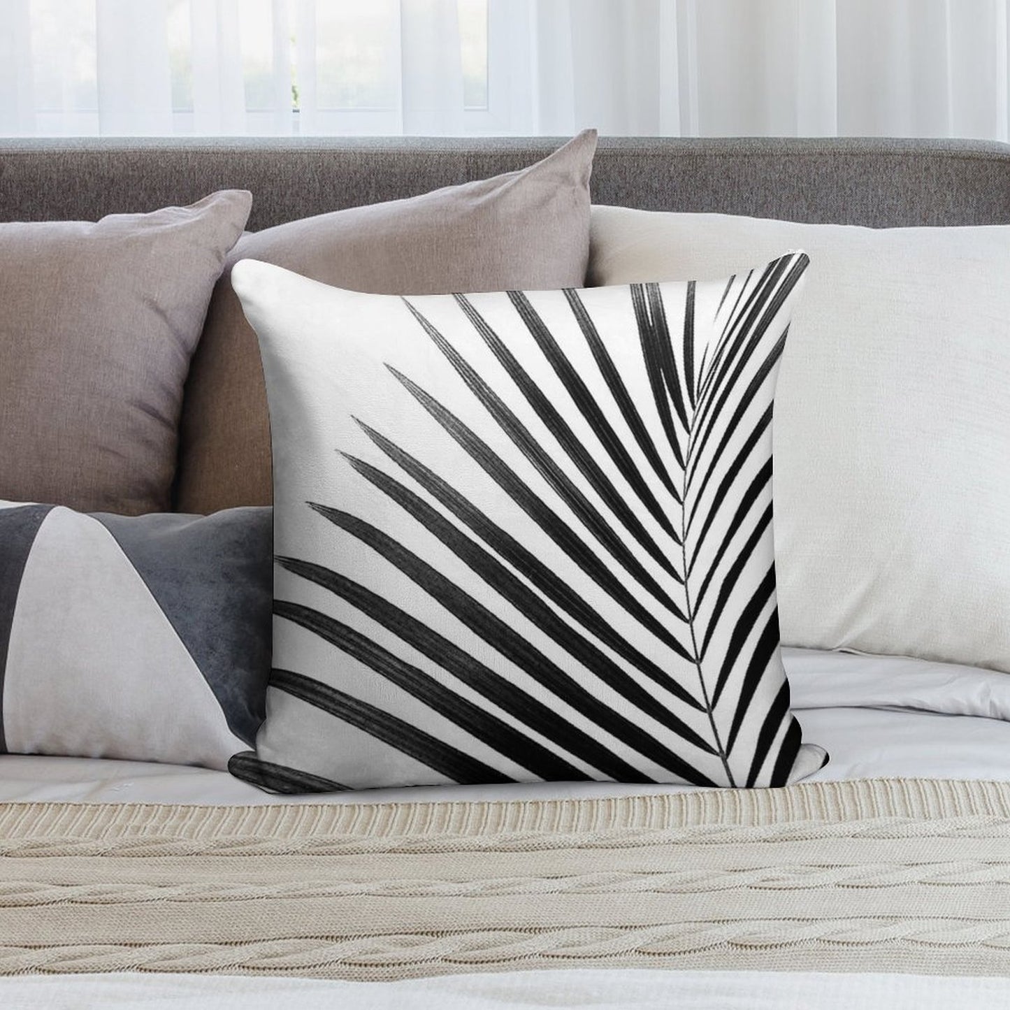 PALM LEAF Black & White Soft Home Decor Throw Pillow