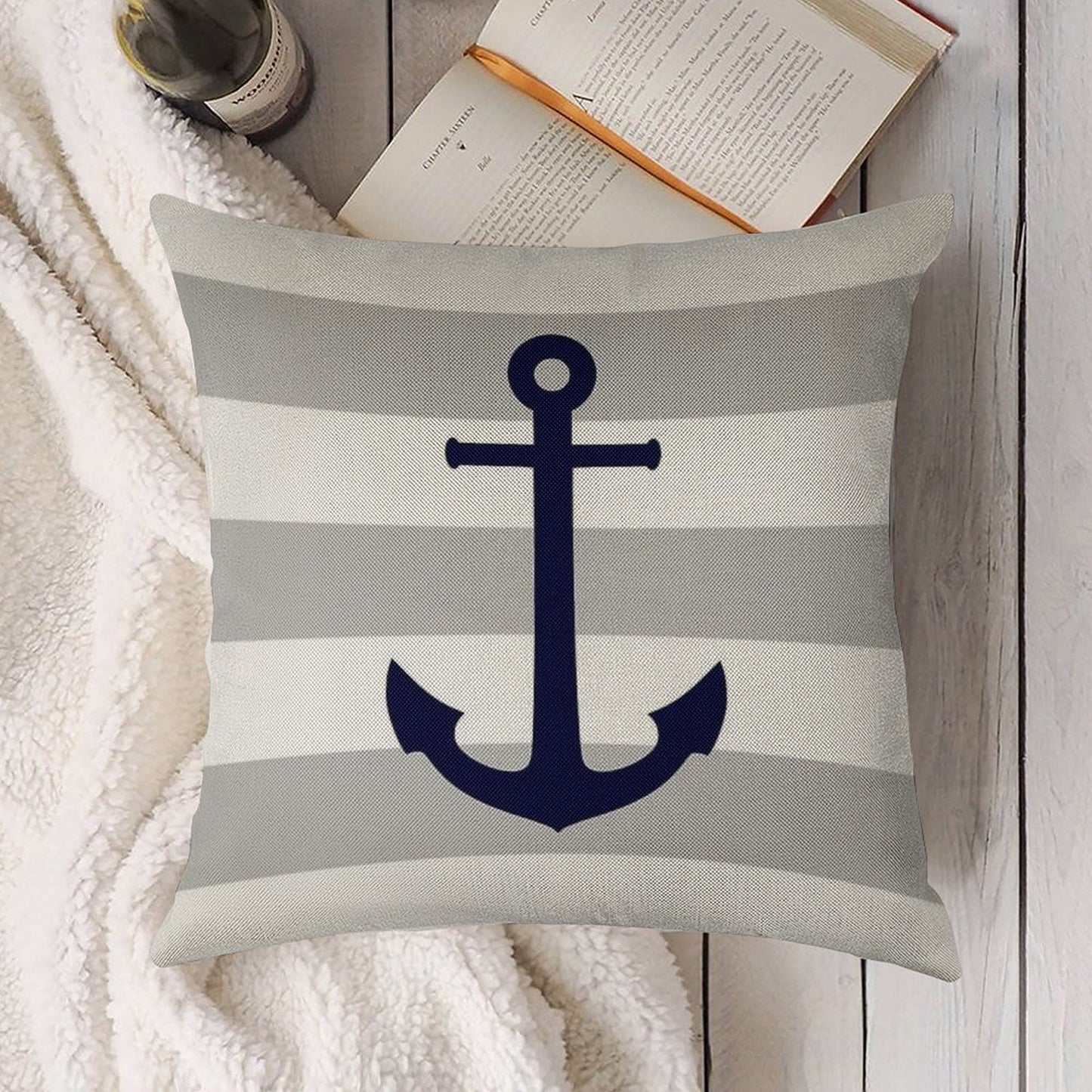 Nautical Navy Blue Anchor On Gray Stripes Linen Throw Pillow Cover