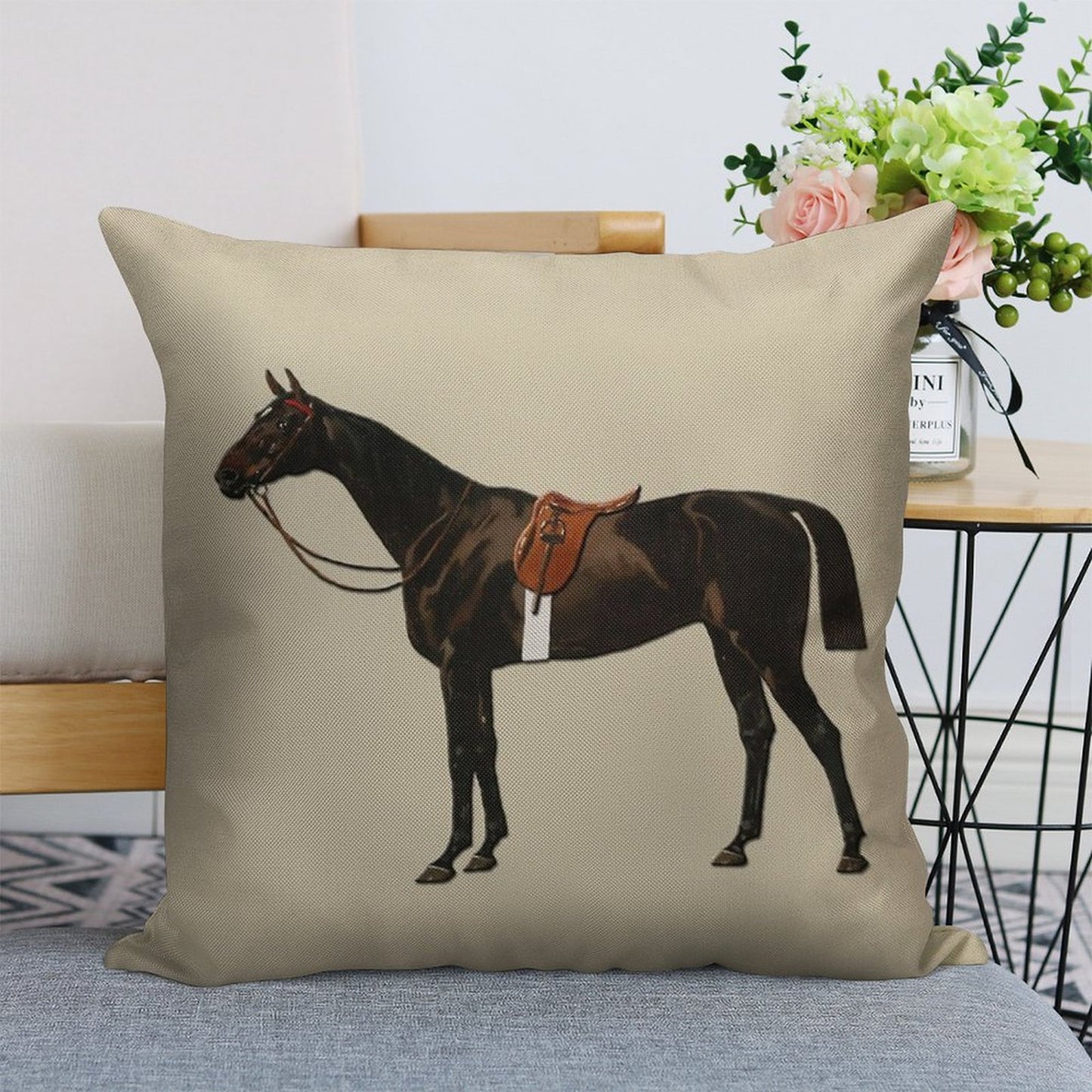Vintage Equestrian Saddled Riding Horse Linen Throw Pillow Cover