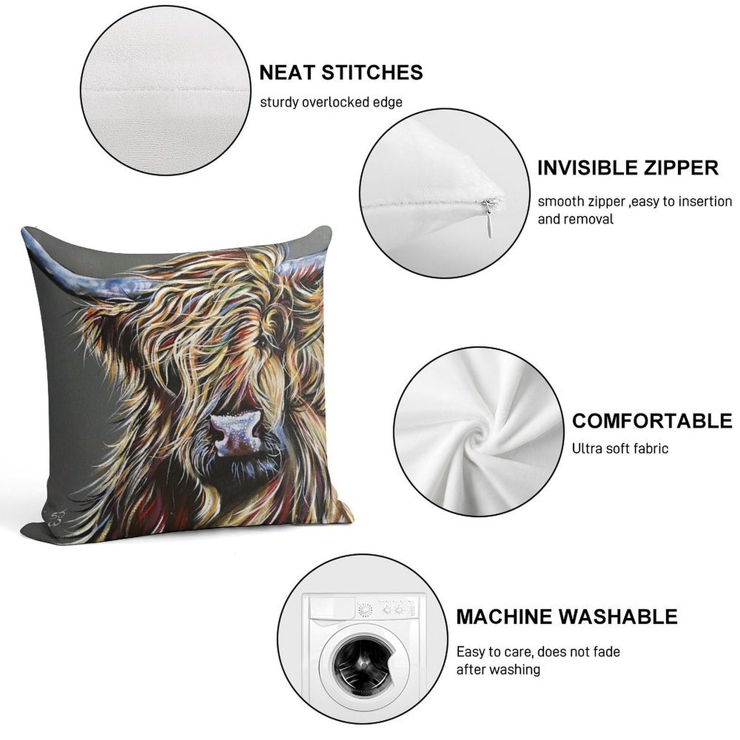 Beau The Colourful Highland Cow Soft Ultra-Soft Texture Throw Pillow