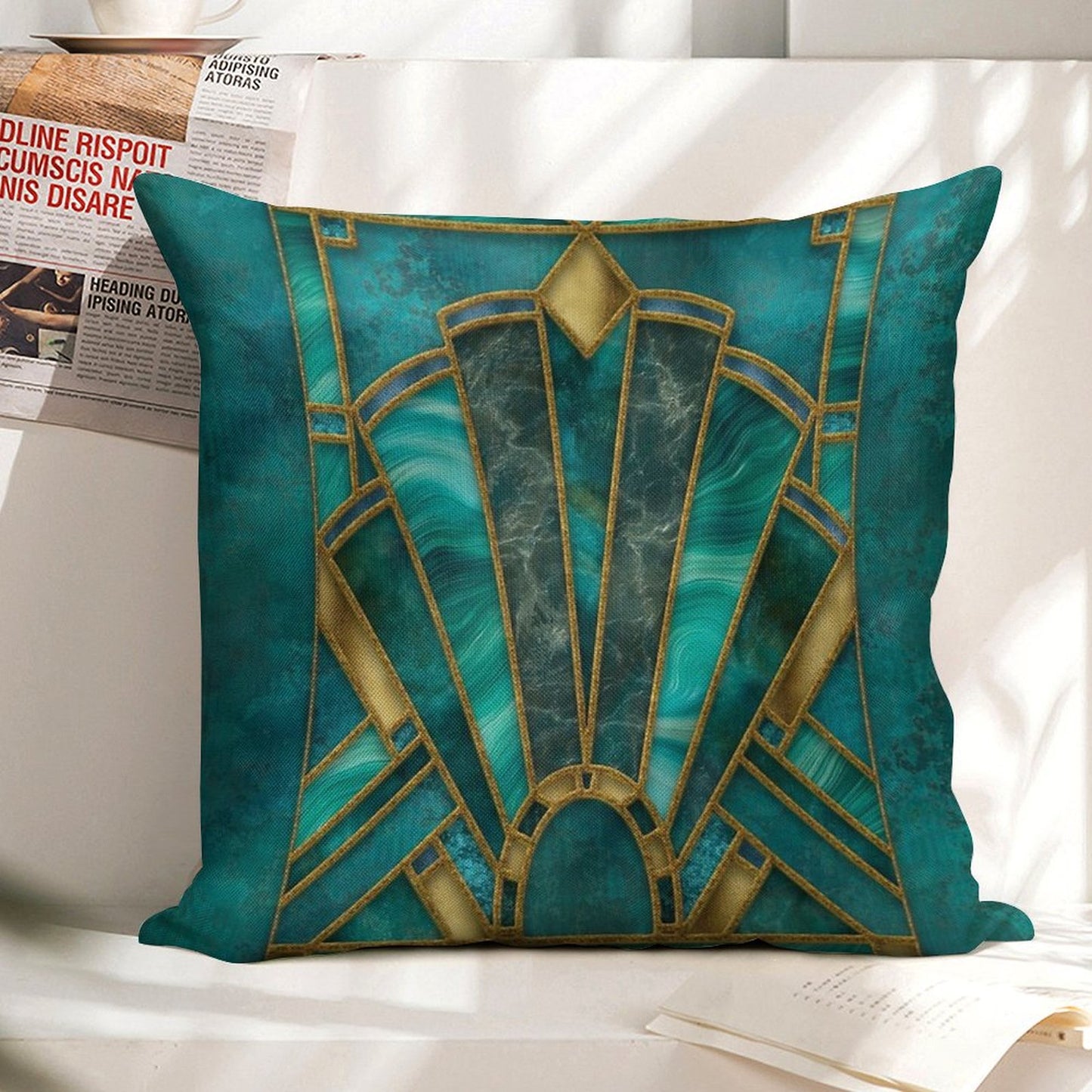 Elegant Stained Glass Art Deco Window With Marble And Gemstone Linen Throw Pillow Cover