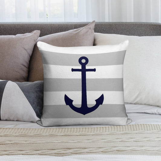 Nautical Navy Blue Anchor On Gray Stripes Soft Ultra-Soft Texture Throw Pillow