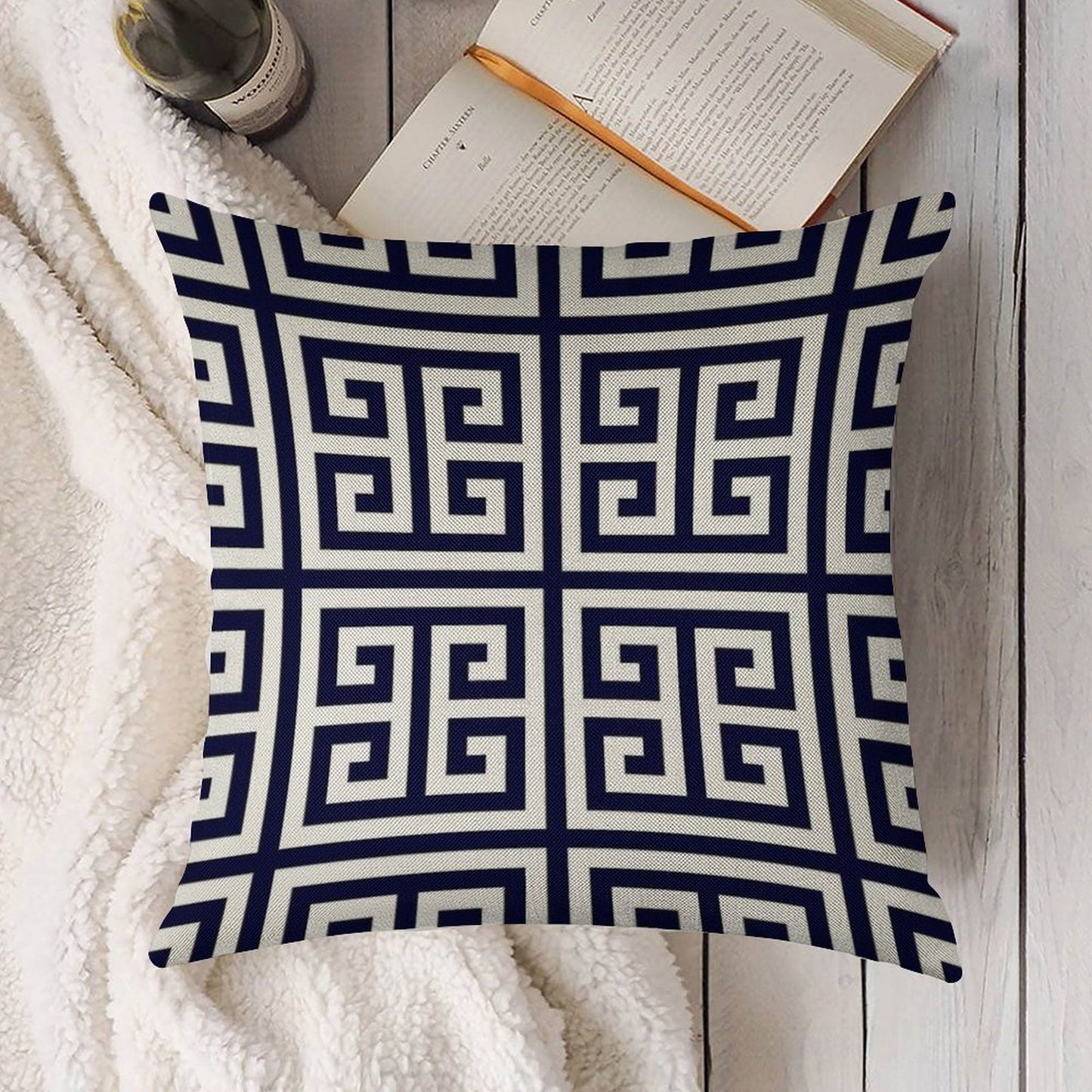 Greek Key Navy Blue And White Pattern Linen Throw Pillow Cover