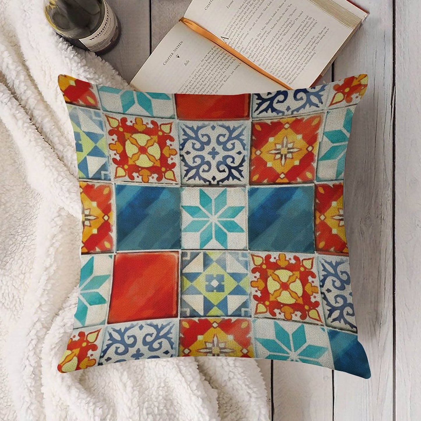 Colorful Azulejos Tiles from Azul Board Game Linen Throw Pillow Cover