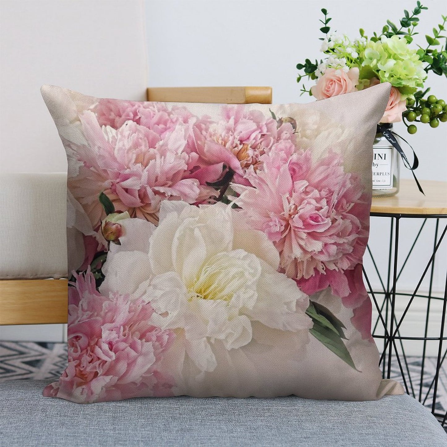 Peonies Linen Throw Pillow Cover