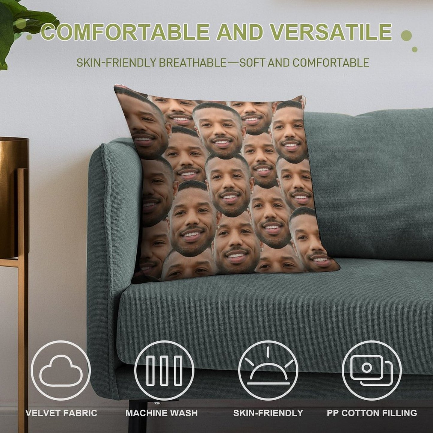 Michael B Jordan Heads Soft Short Plush Fabric Throw Pillow