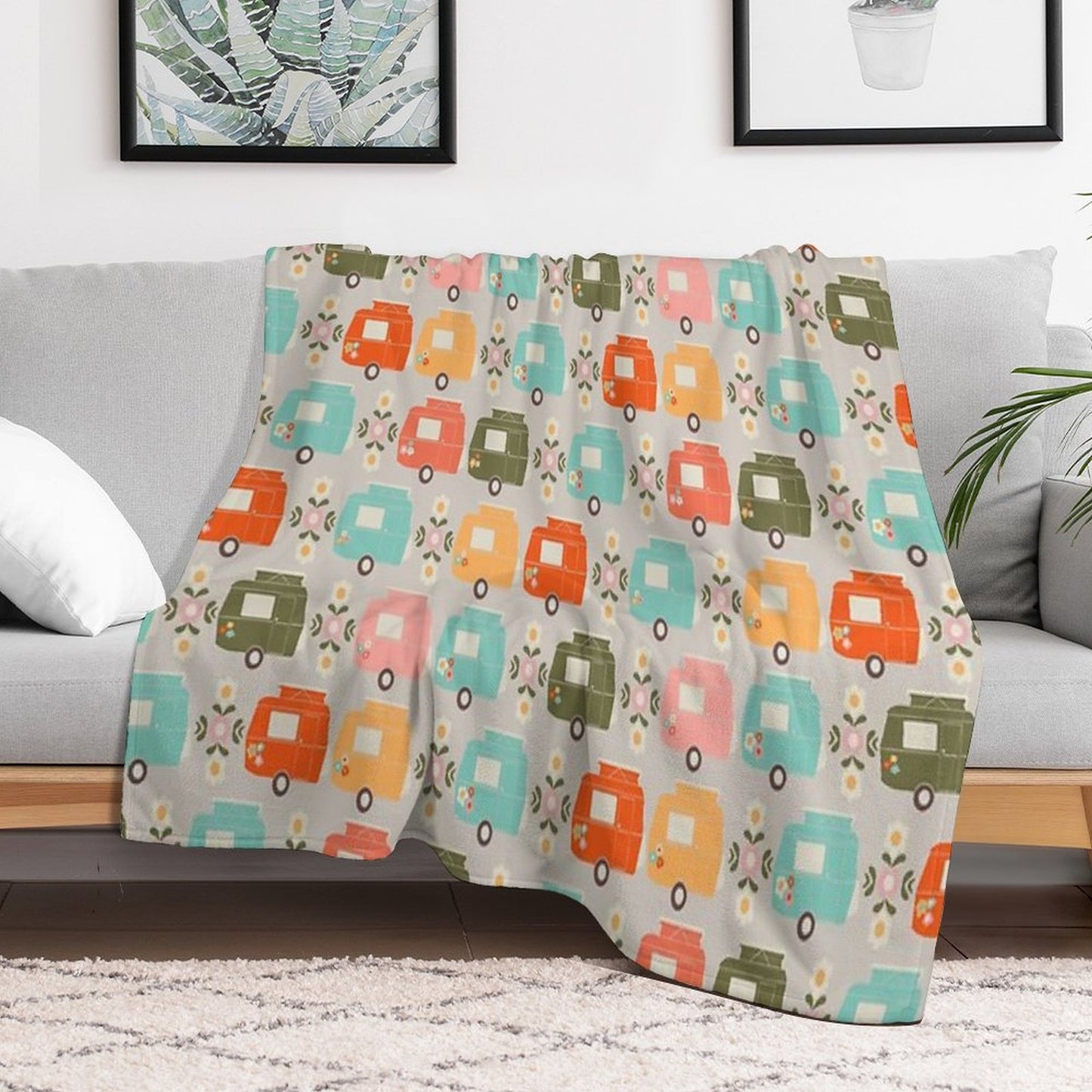 Colourful Vintage Caravans And Daisies Throw Blanket