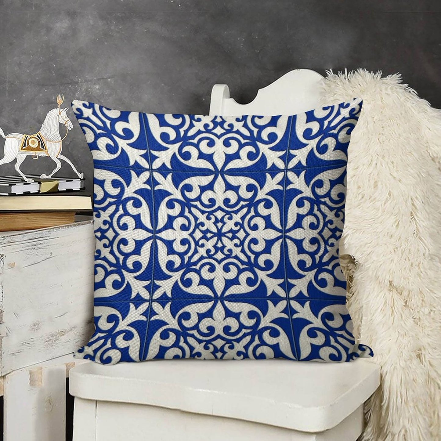 Moroccan Tile - Cobalt Blue Linen Throw Pillow Cover