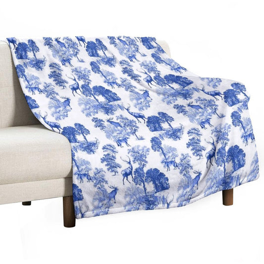 Elegant Vintage Blue Toile Deer in Woodland Throw Blanket