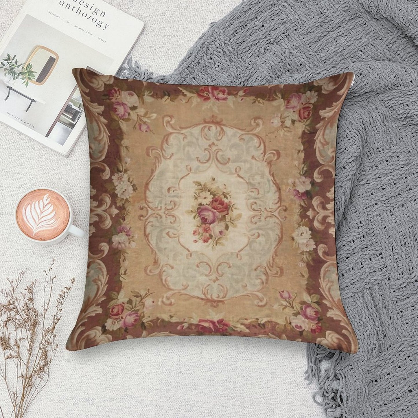 Antique Rose Floral French Aubusson Rug Print Soft Fade-Resistant Throw Pillow