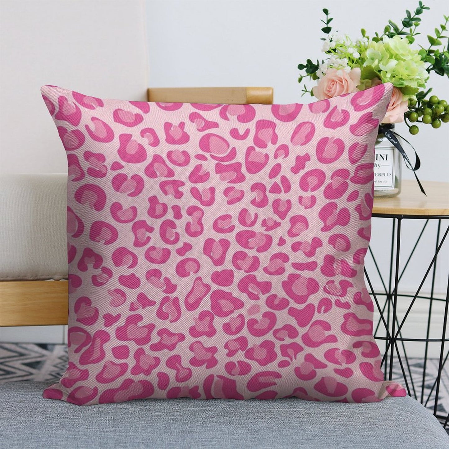 Pink Leopard Print Linen Throw Pillow Cover