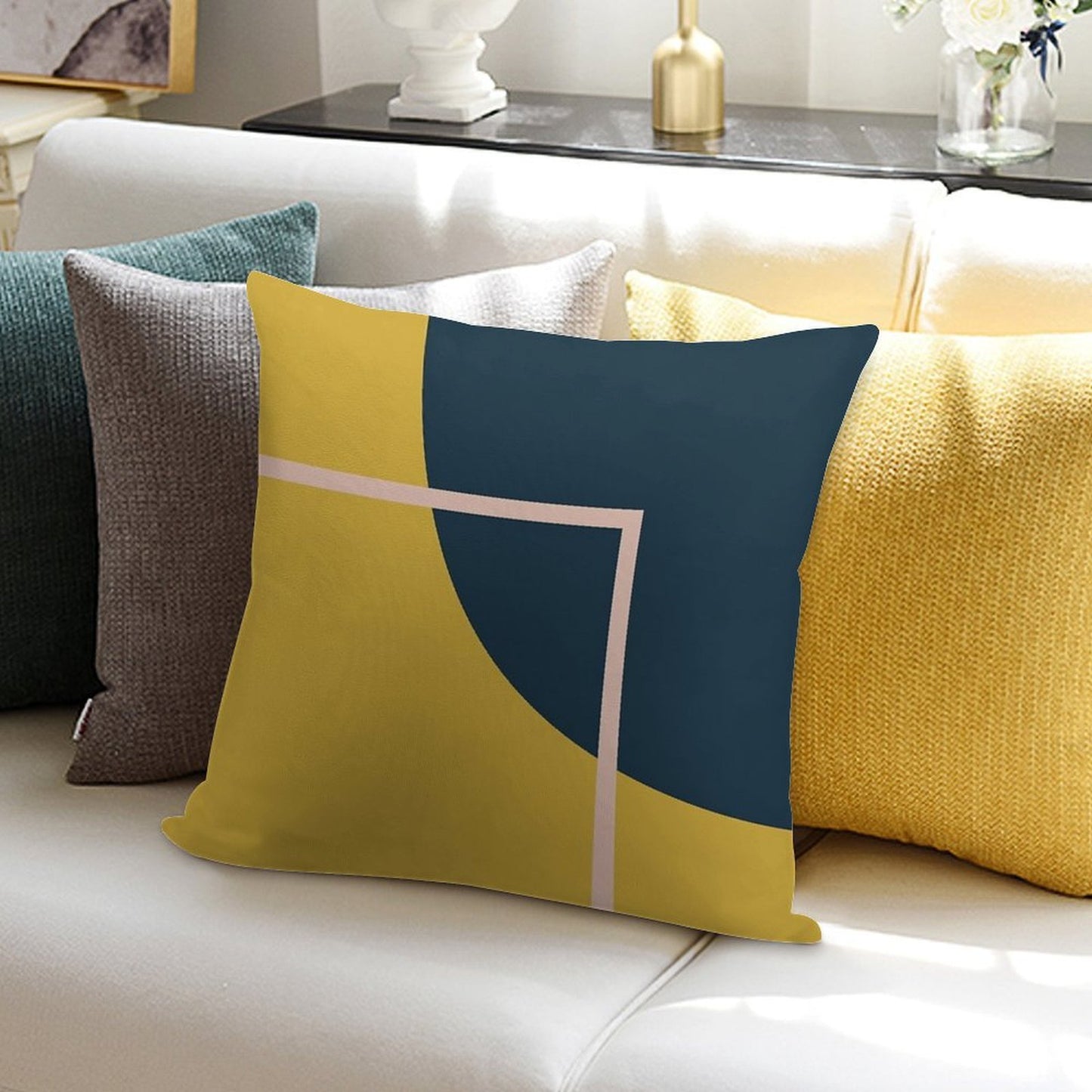 Abstract Geometric Minimalist Navy Blue, Mustard Yellow, And Blush Pink Soft Skin-Friendly Throw Pillow