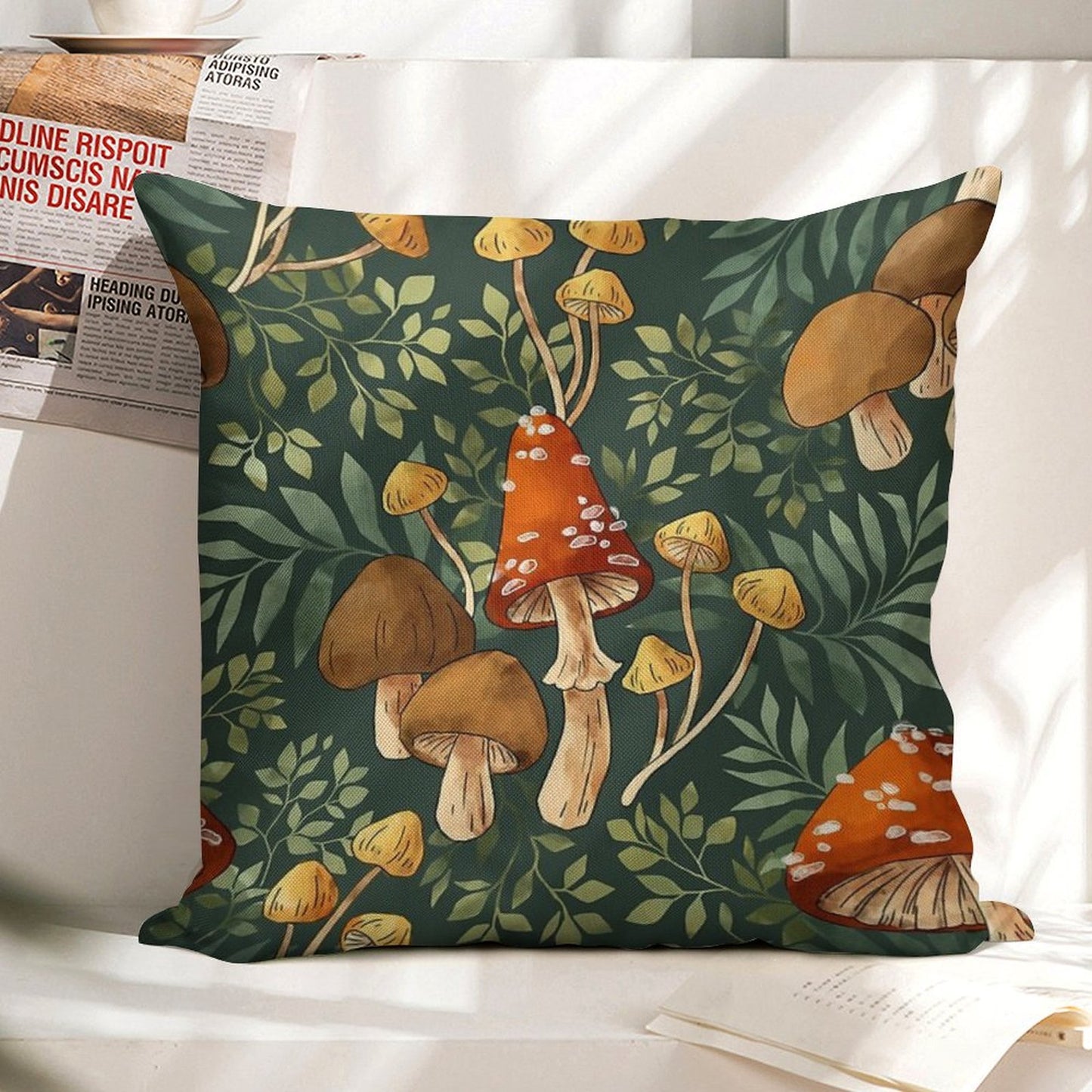 Woodland Mushroom Spray Linen Throw Pillow Cover