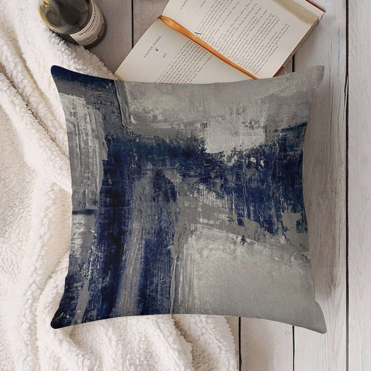 Blue Gray Abstract Linen Throw Pillow Cover