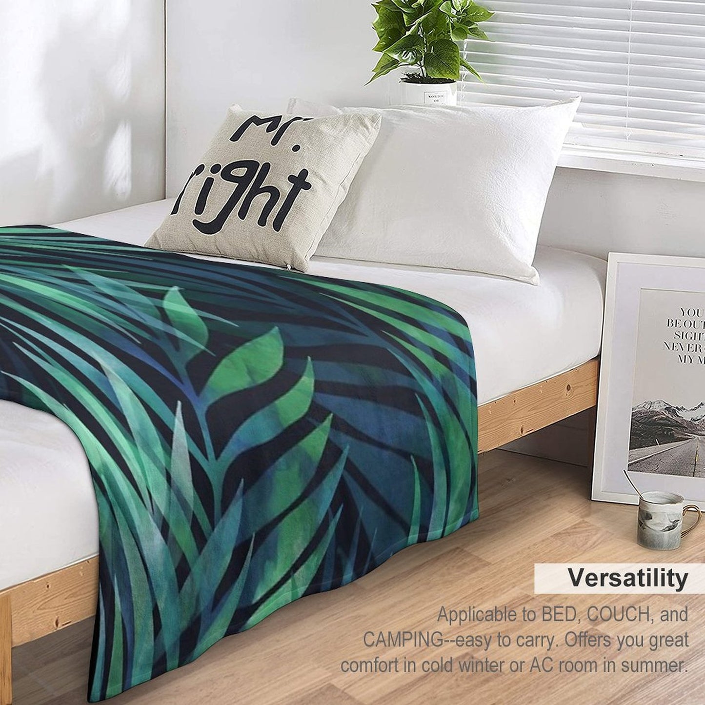 Dark Green Palms Leaves Pattern Throw Blanket