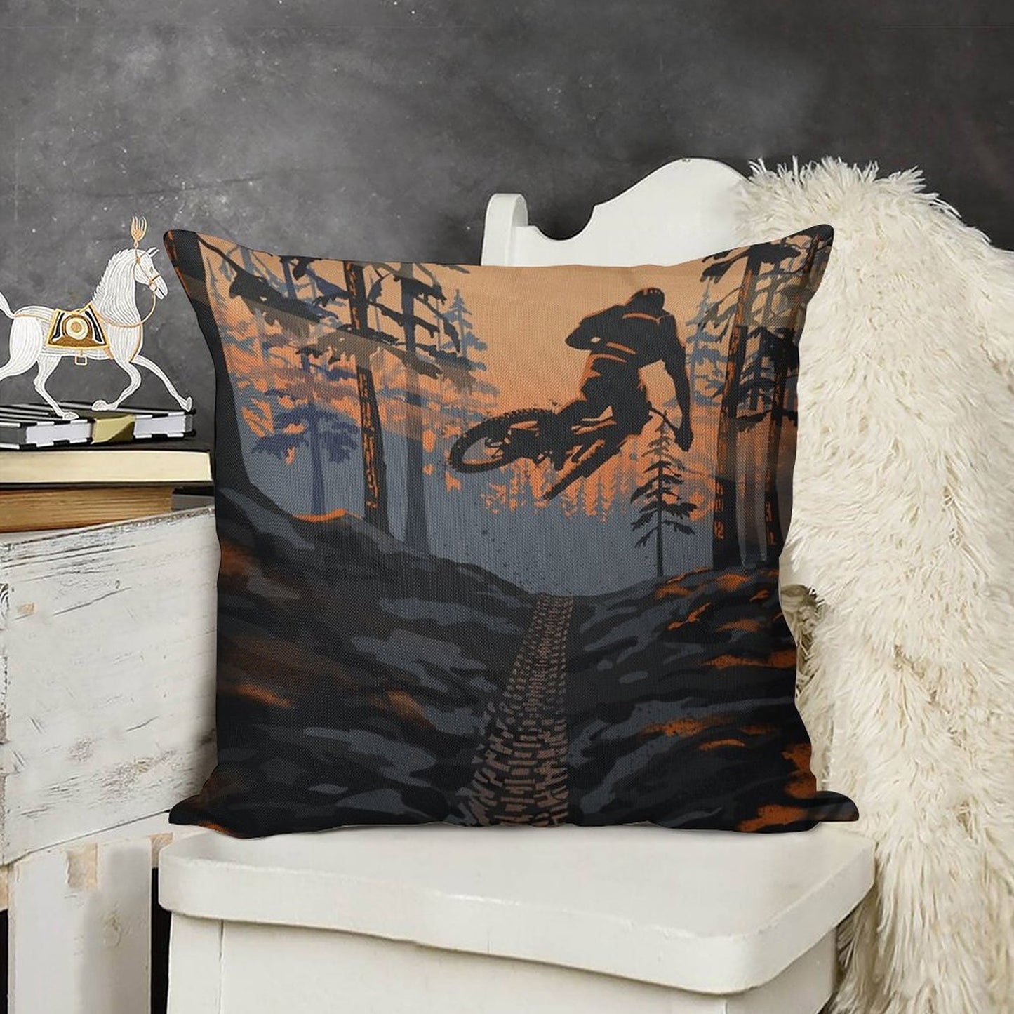 Retro Styled Mountain Biking Dirt Jumper Sunset Linen Throw Pillow Cover