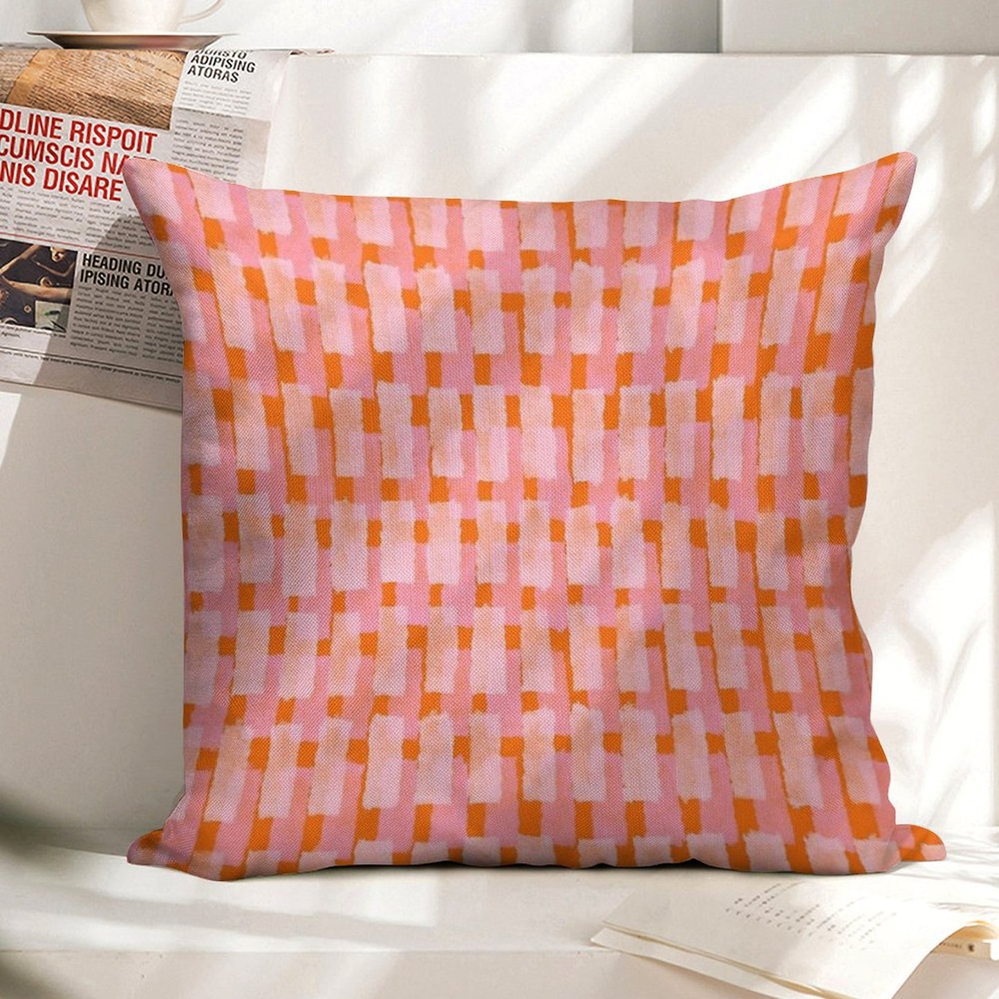 Pink And Orange, Brush Strokes, Geometric Linen Throw Pillow Cover