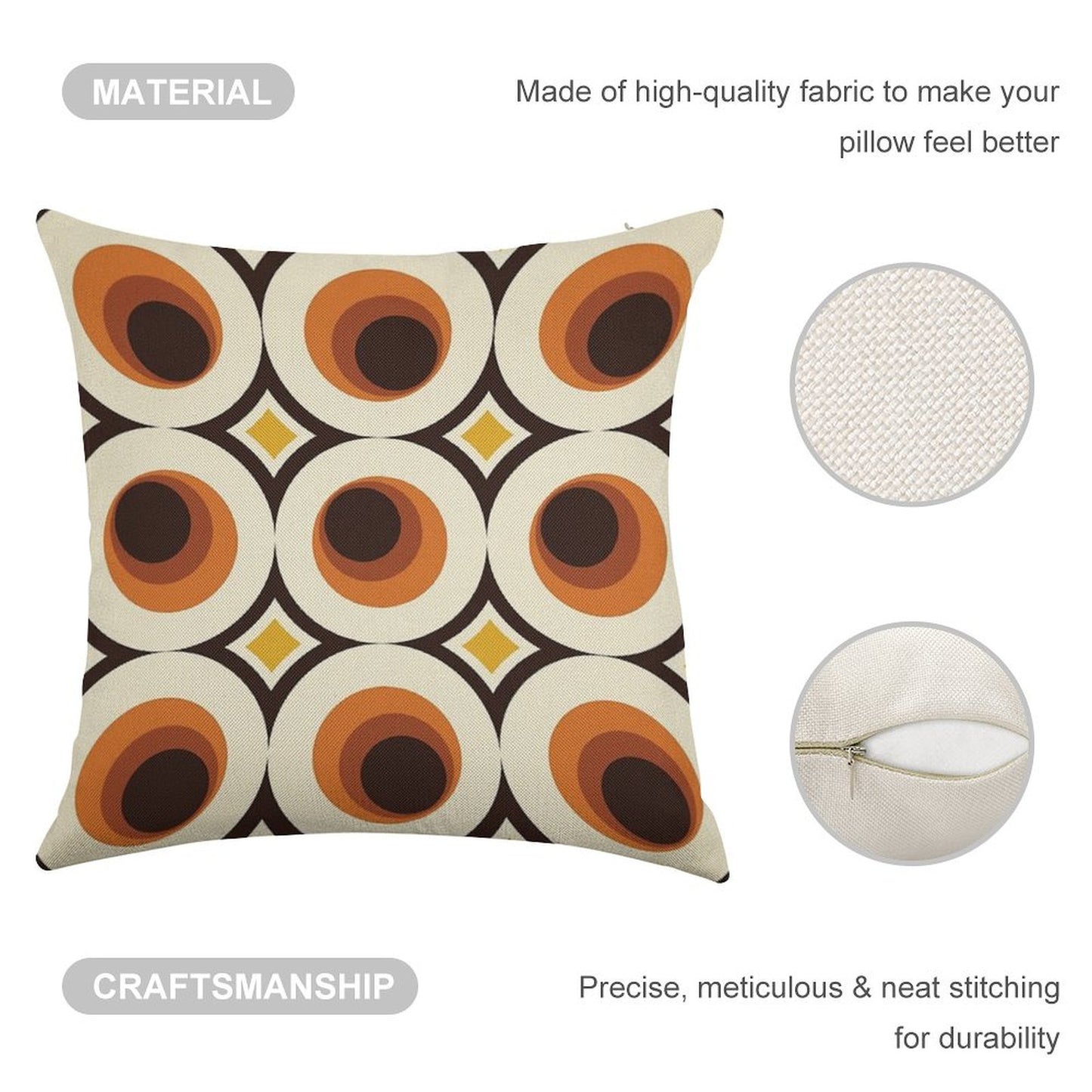 1970s Orange Mid-Century Modern Circle 1 Linen Throw Pillow Cover