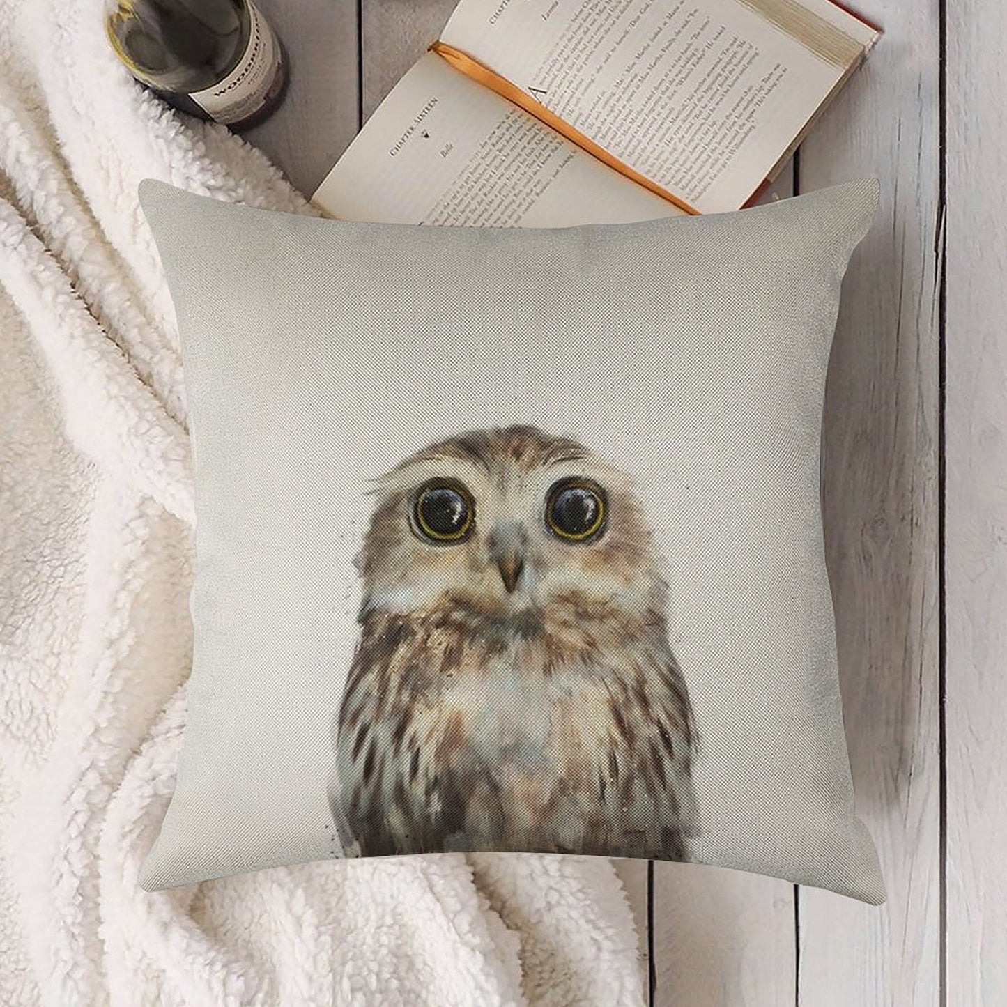 Little Owl Linen Throw Pillow Cover