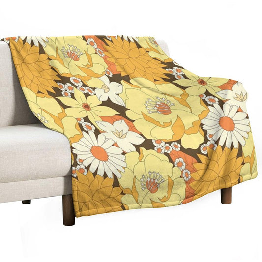 Yellow, Orange And Brown Vintage Floral Pattern Throw Blanket