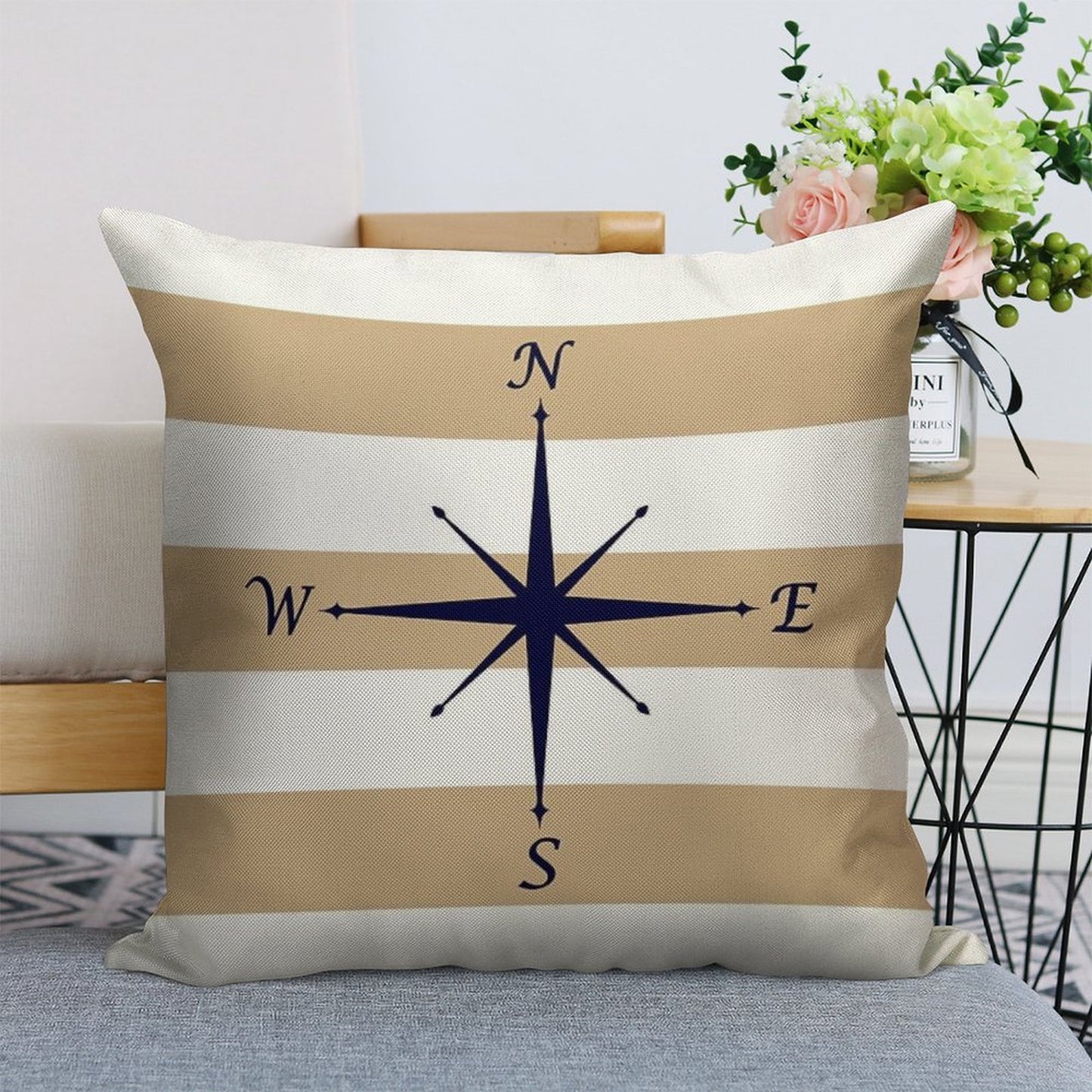Nautical Navy Blue Compass On Tropical Tan And White Stripes Linen Throw Pillow Cover