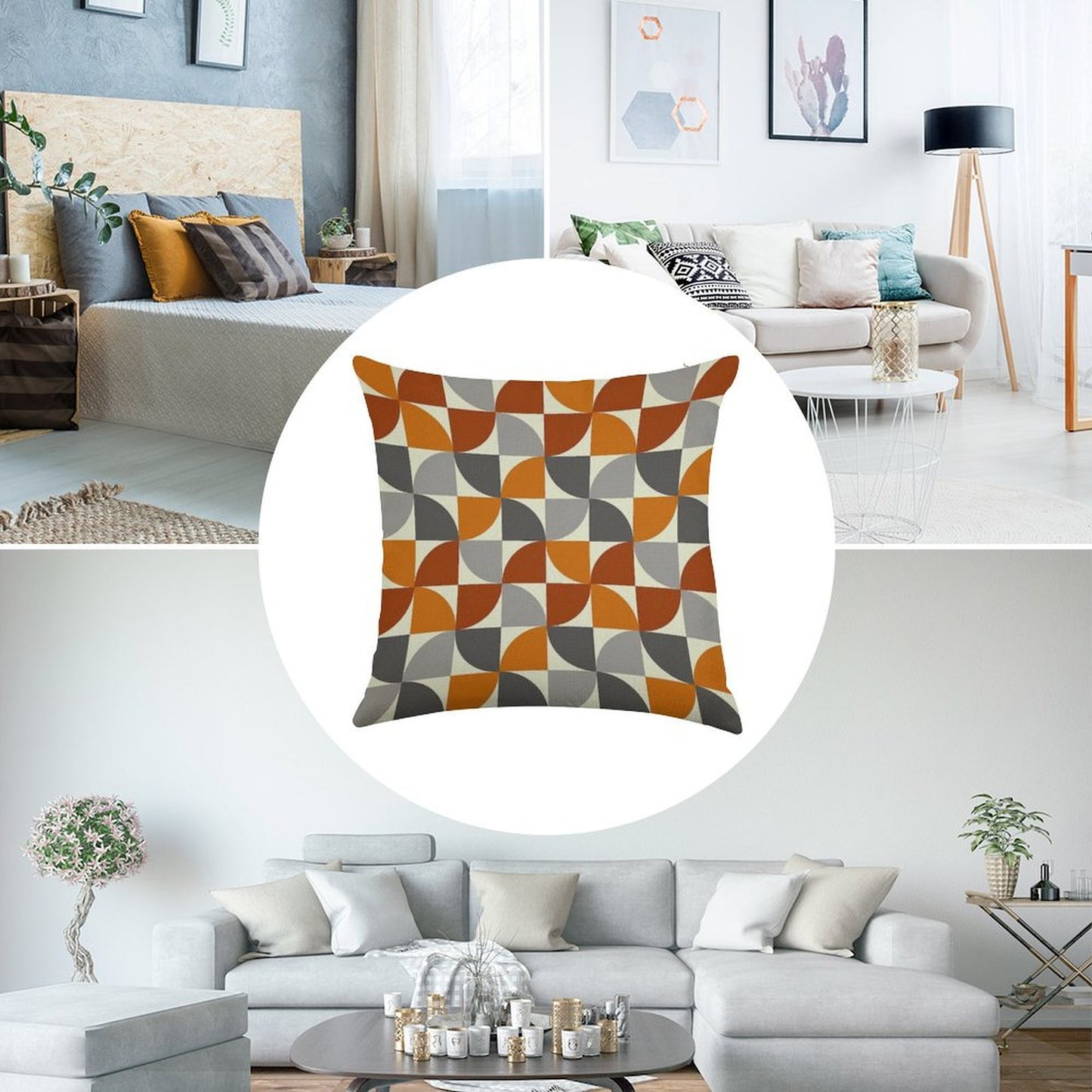 Grey And Orange Mid Century Modern Linen Throw Pillow Cover