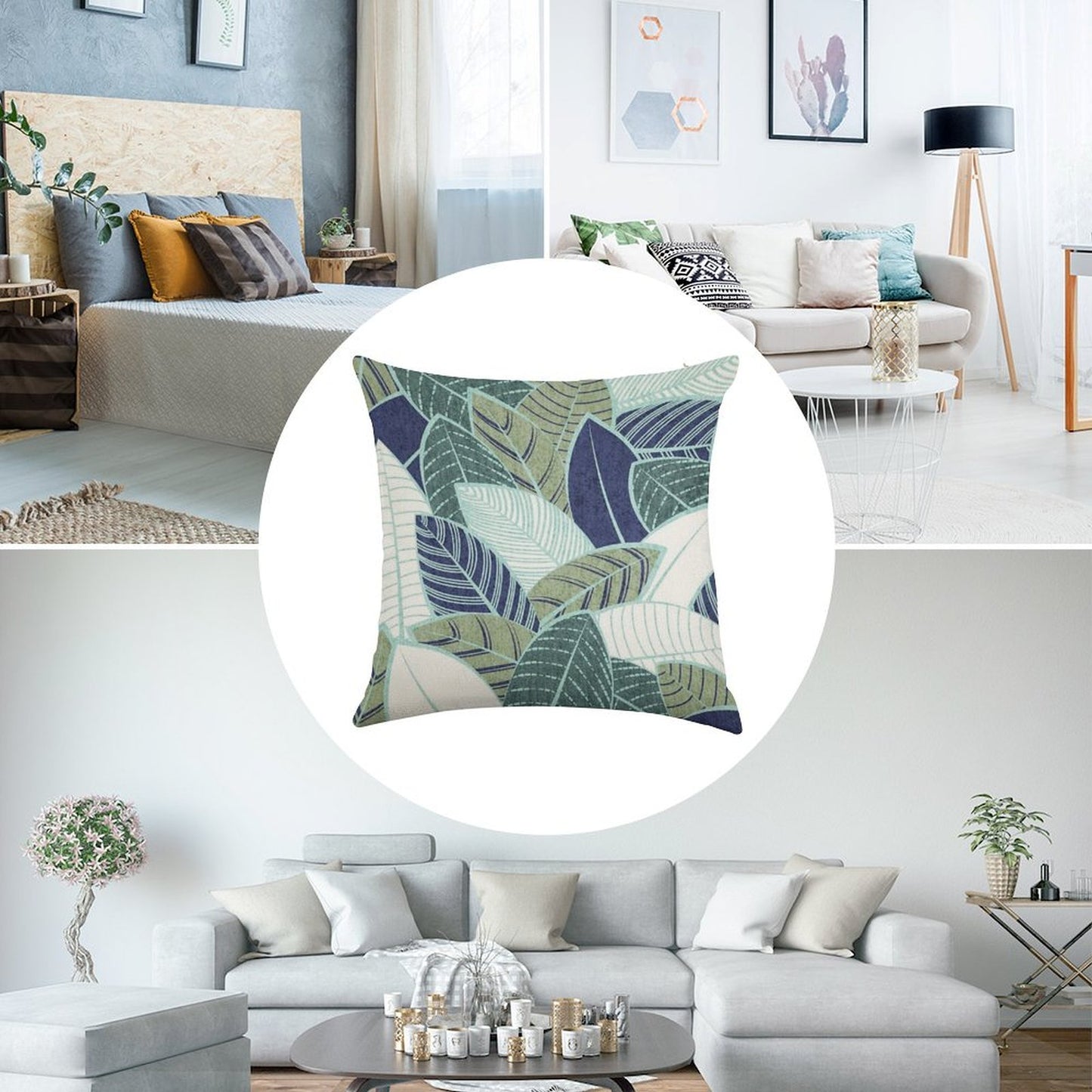 Leaf Wall Navy Blue Pine And Sage Green Leaves Mint Lines Linen Throw Pillow Cover