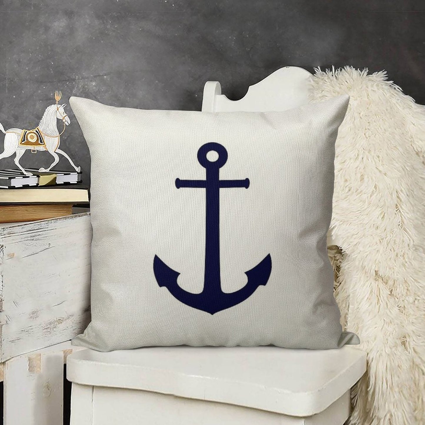 Navy Blue Anchor On White Linen Throw Pillow Cover