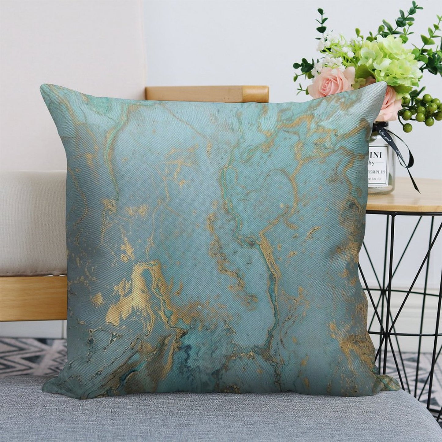 Marble Design - Gold Effect - Turquoise Blue, Teal Marbling Linen Throw Pillow Cover