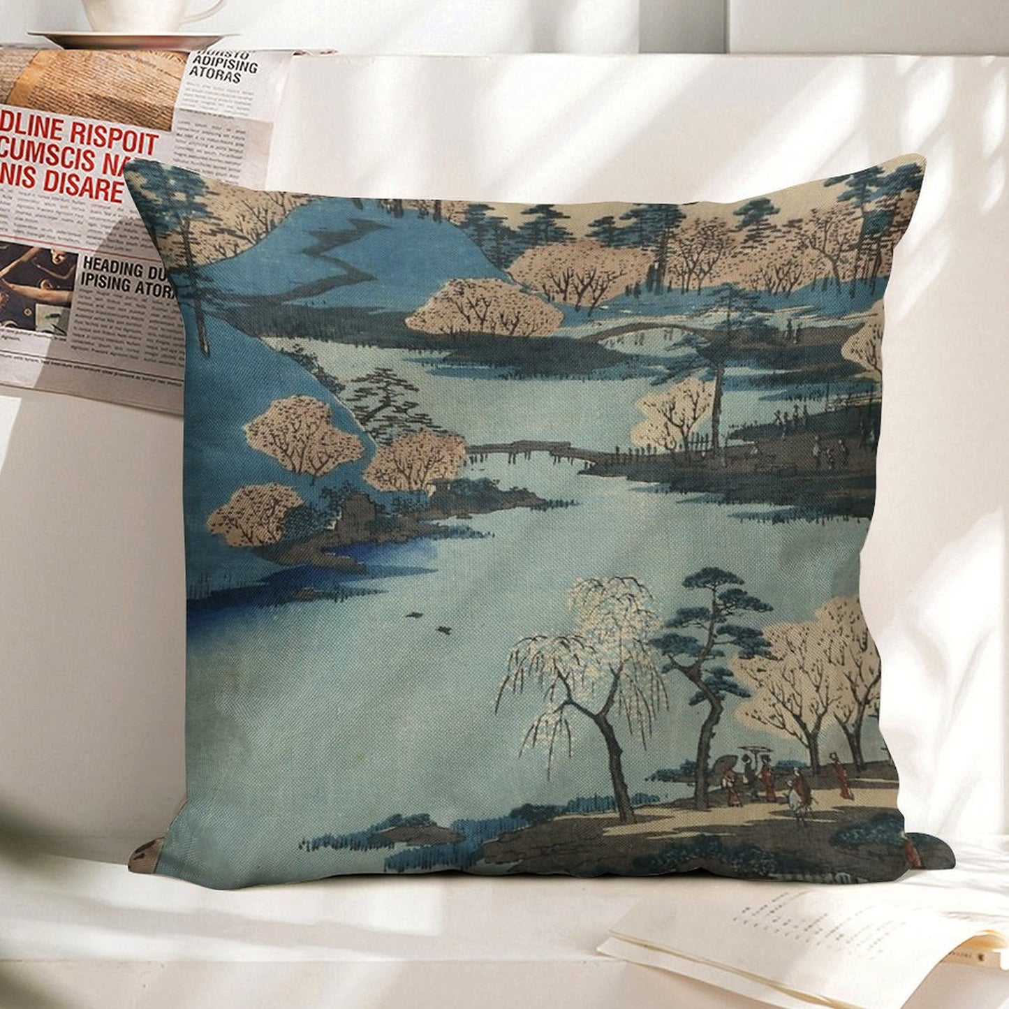 Vintage 1800's Japanese River Landscape Art Linen Throw Pillow Cover