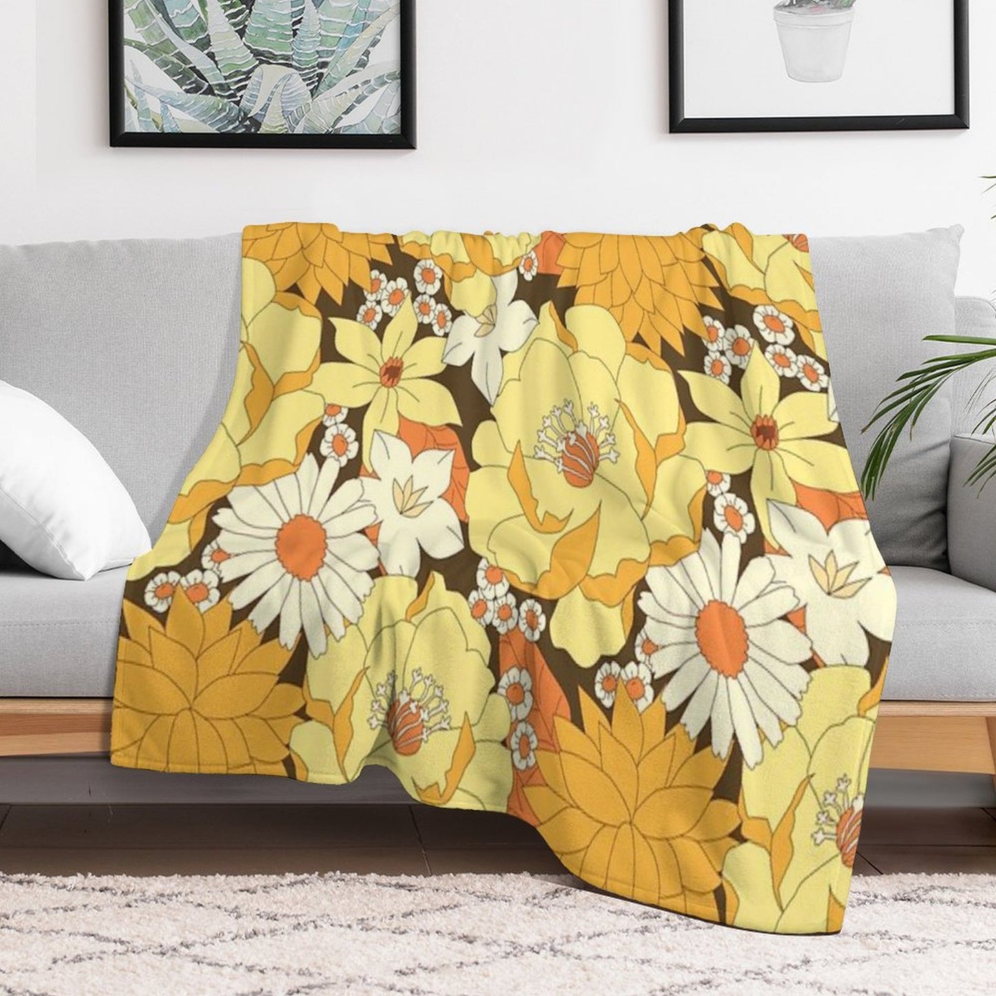 Yellow, Orange And Brown Vintage Floral Pattern Throw Blanket