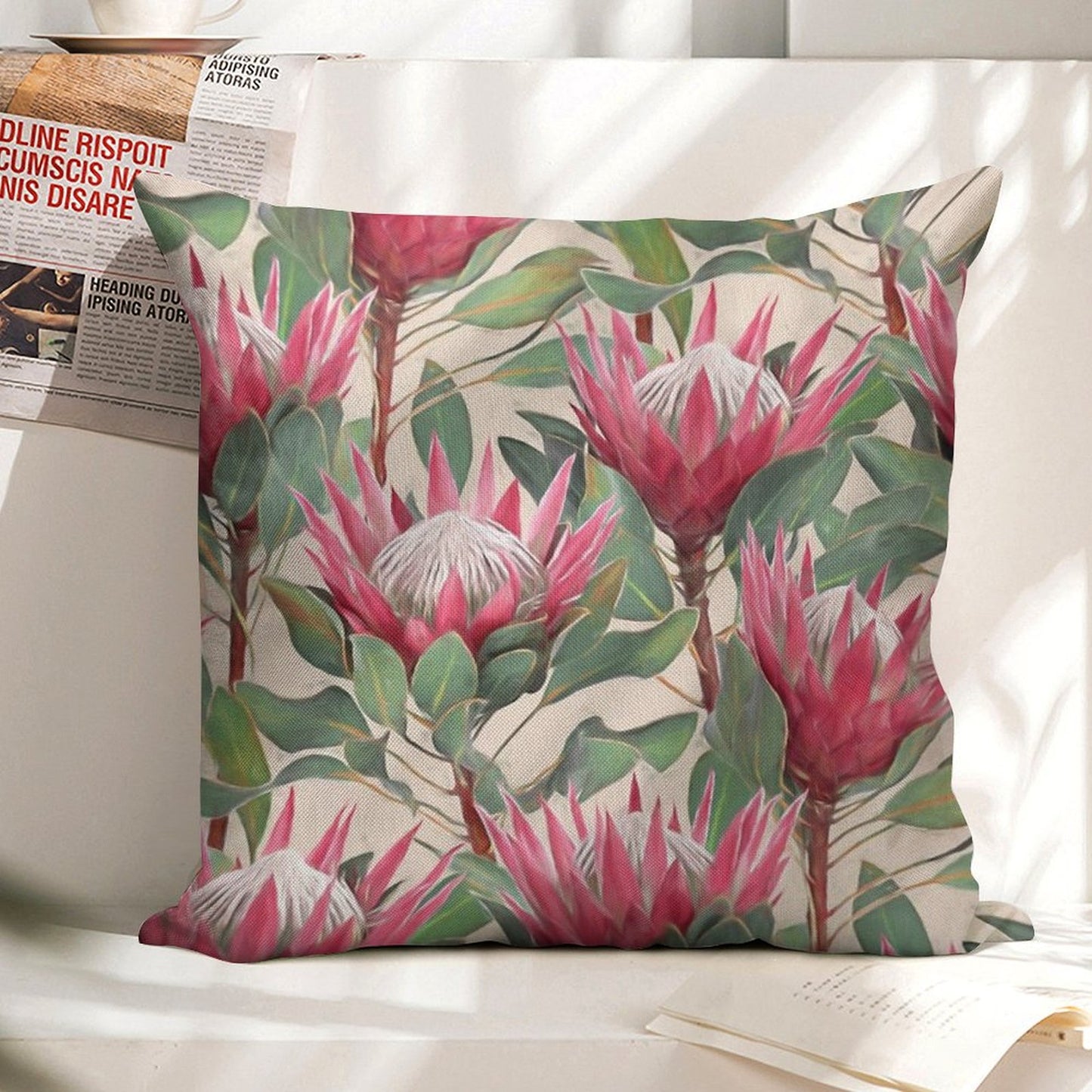 Painted King Proteas on Cream Linen Throw Pillow Cover