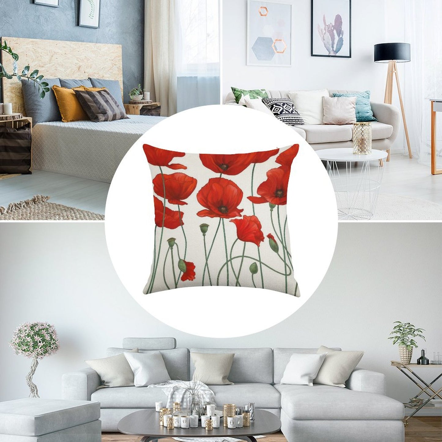 Poppy Stems. Linen Throw Pillow Cover