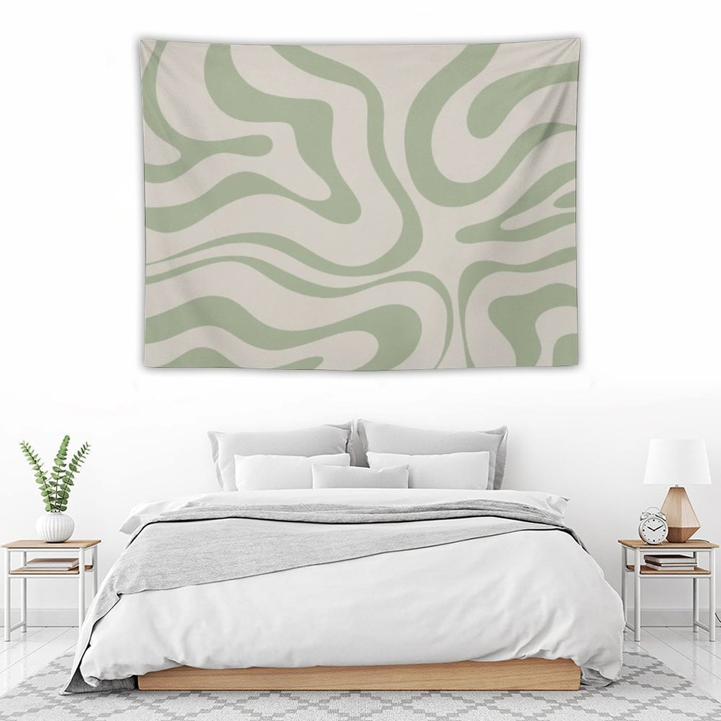 Liquid Swirl Abstract Pattern in Beige And Sage Green Tapestry